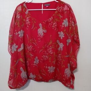 Vince Camuto Women's Floral fully lined chiffon Wing Sleeve pullover Blouse L